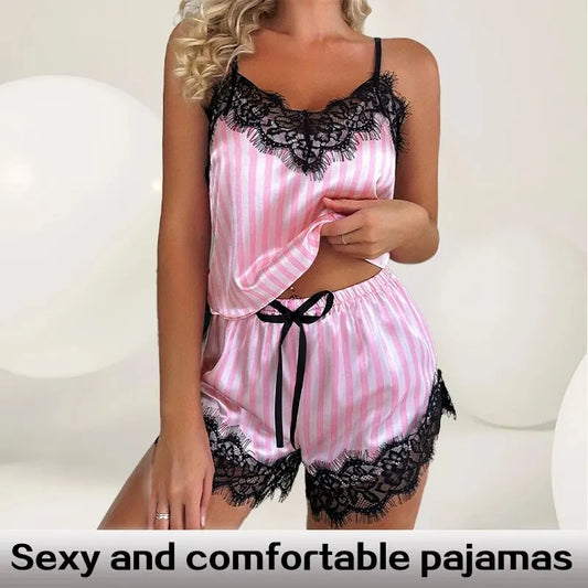 Summer Women's Sexy Home Casual Camisole Pajama Set with Pink and