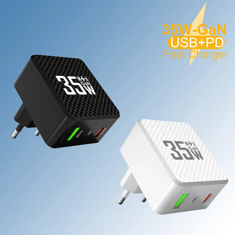 2 Ports Mini 35W GaN USB Type C Charger QC3.0 Portable Fast Charging
