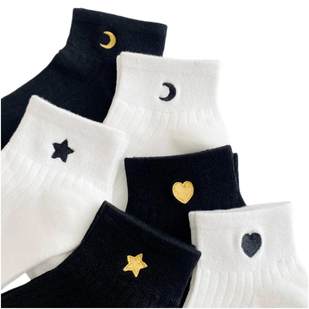 New Cute Embroidery Glitter Love Heart Moon Star Smile Face Socks Soft
