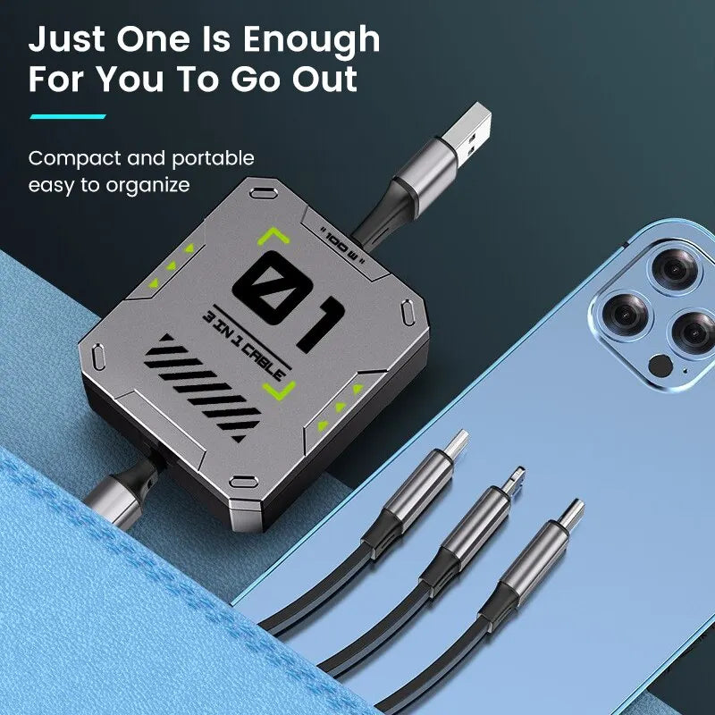 3 In 1 Retractable Phone Data Cable Type C Usb 100W Fast Charging