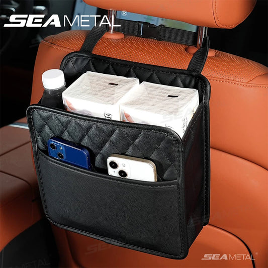 SEAMETAL Car Seat Storage Bag Pu Leather Auto Garbage Bag Hanging
