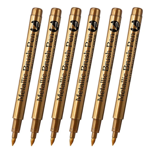 6Pcs Brush Metallic Paint Marker Pens Gold Silver Color Permanent Art