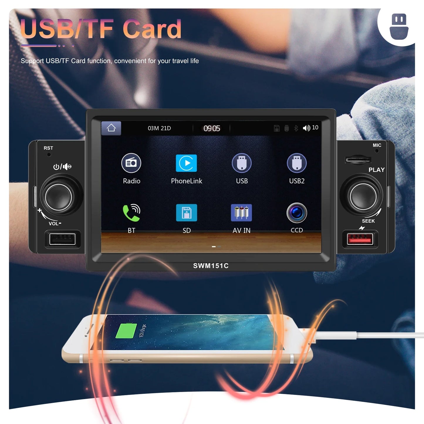 Podofo-Android Auto Multimedia Player Car Radio 1 Din 5 "CarPlay