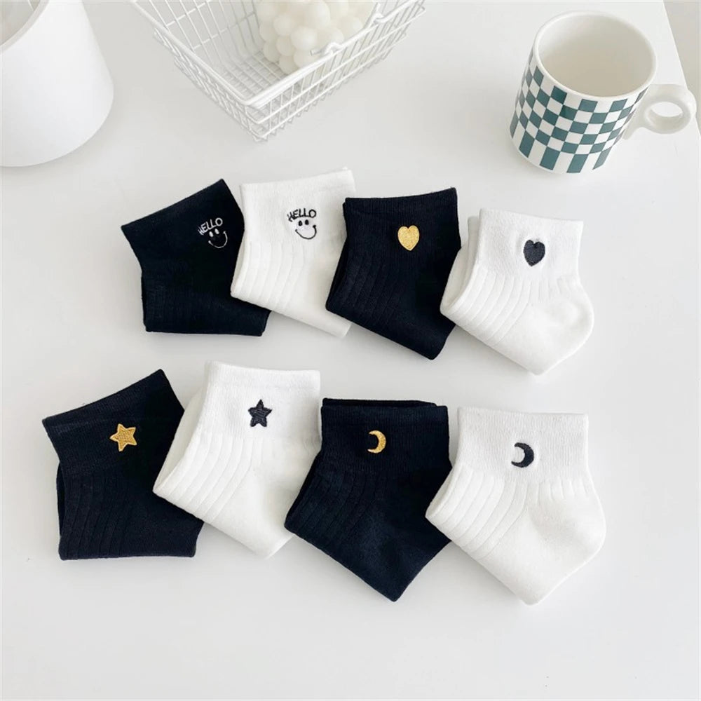New Cute Embroidery Glitter Love Heart Moon Star Smile Face Socks Soft