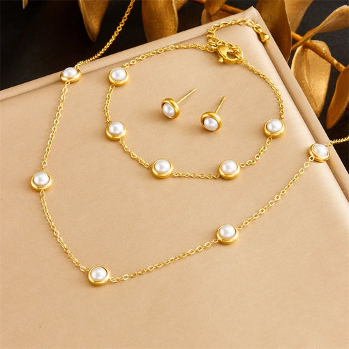 DIEYURO 316L Stainless Steel Round White Pearl Necklace Bracelet