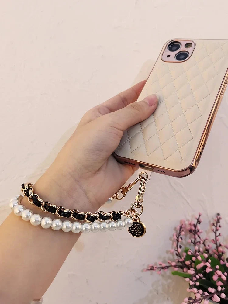 26cm Leather Pearl Camellia Mobile Phone Charm Bracelet Chain