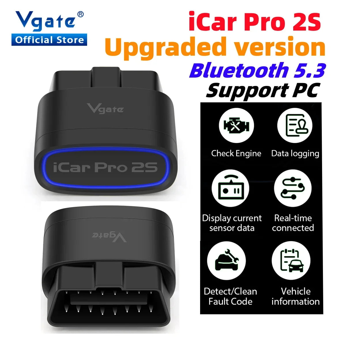 New Vgate iCar Pro 2S ELM327 Bluetooth 5.3 for Android/IOS/PC OBD2 Car
