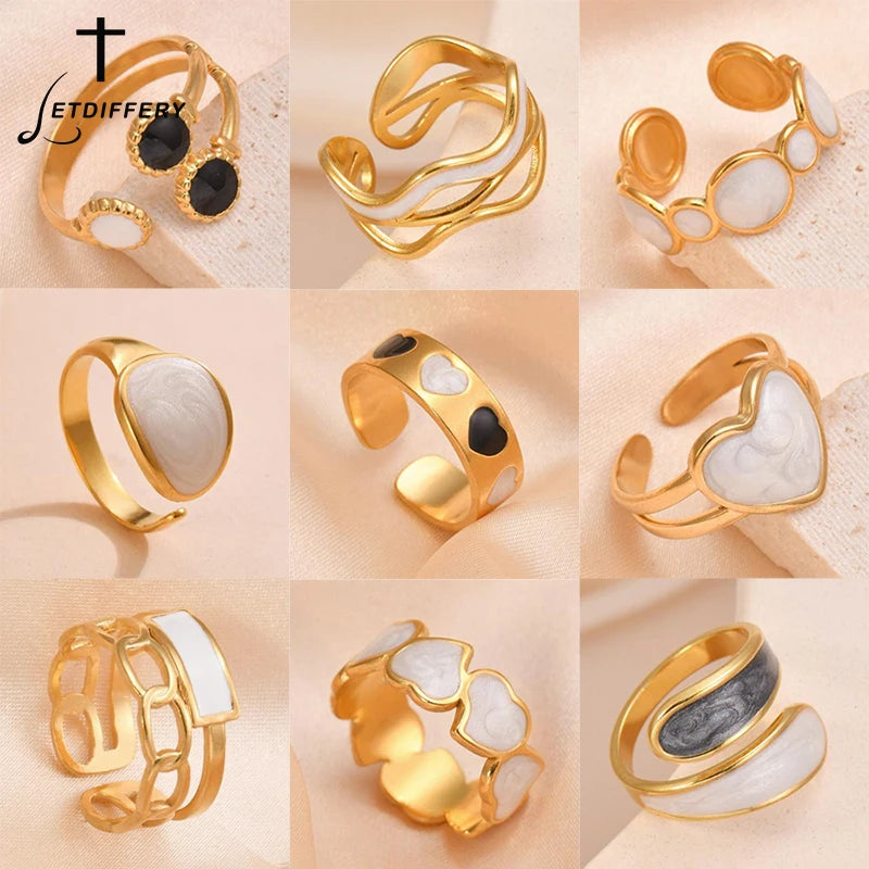 Letdiffery Retro Gold Color Double Oil Drip Open Rings Stainless Steel