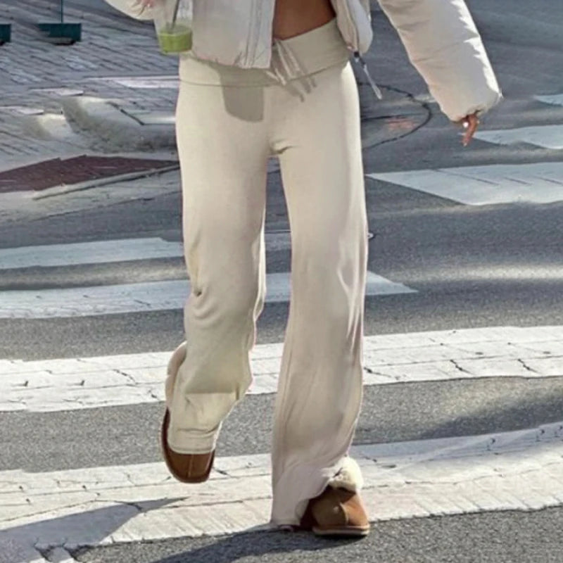 BIIKPIIK Turndown Waist Drawstring Straight Casual Pants For Women