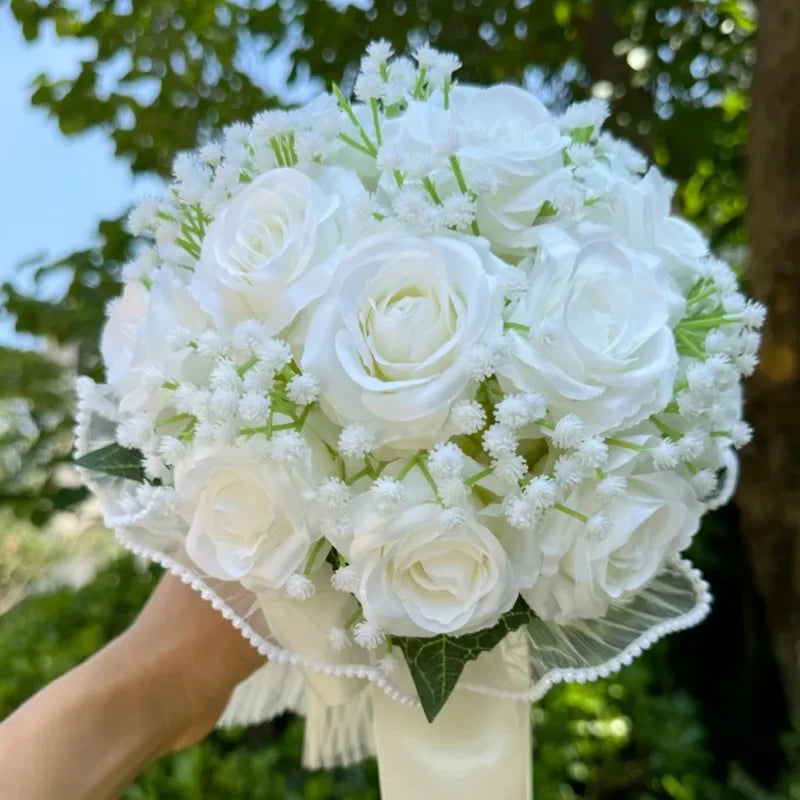 Wedding Bouquets for Bride Babysbreath Rose Bridesmaid Bouquets Silk
