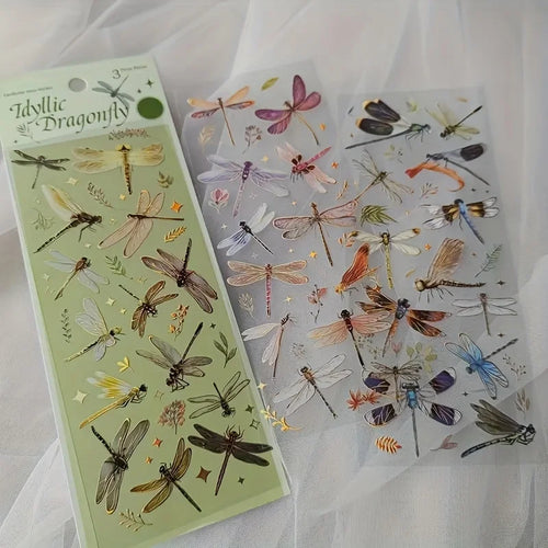 Shimmering 3D Gilding Sticker Set - Dragonfly, Jellyfish & Feather
