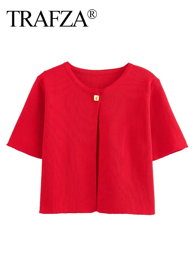 TRAFZA Women Elegant Solid Cardigan Coat Jackets Short Sleeve Metal