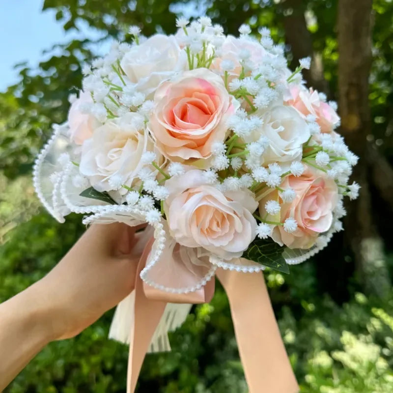 Wedding Bouquets for Bride Babysbreath Rose Bridesmaid Bouquets Silk