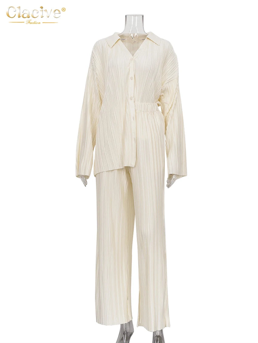 Clacive Fashion Long Sleeve Blouses Womens Two Peice Sets Casual Loose