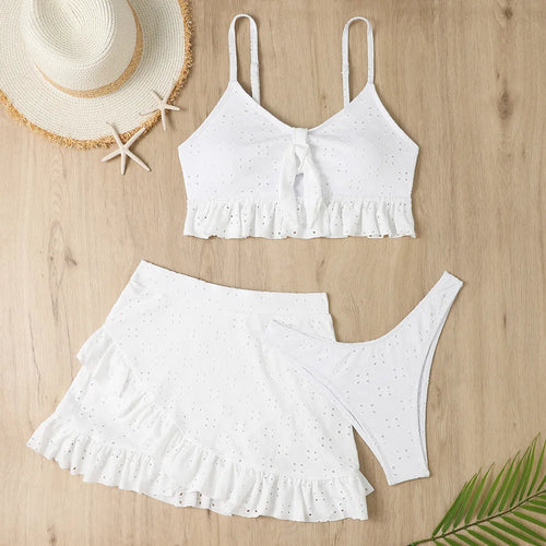 Sexy White Ruffle Bikini 2024 Women Three Pieces Swimsuit Brazilian