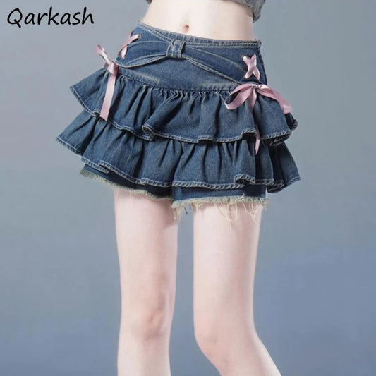 Mini Denim Skirts Women Hot Girls Sweet Kawaii Bow Vintage Y2k Clothes