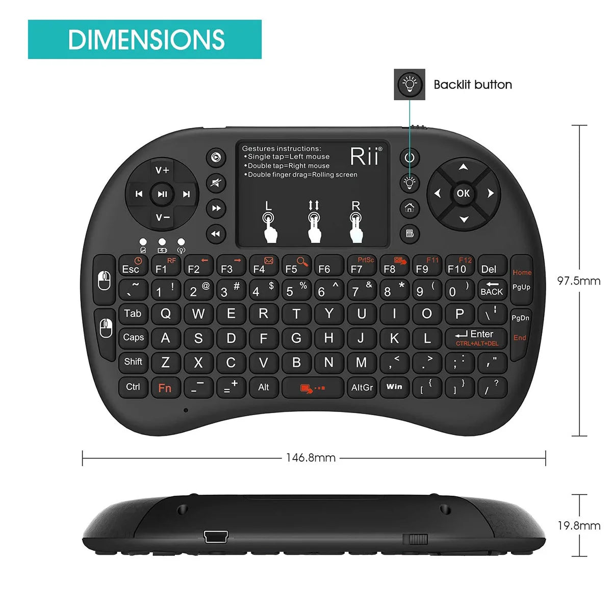 Rii i8+ Mini wireless keyboard 2.4GHz Wireless Keyboard with TouchPad