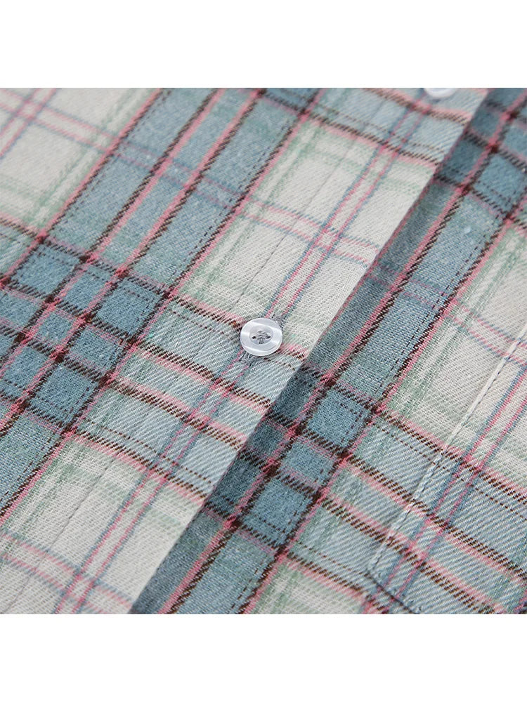 Mumaroho 2024 Women Autumn Winter Long Sleeve Blue Plaid Shirt Vintage