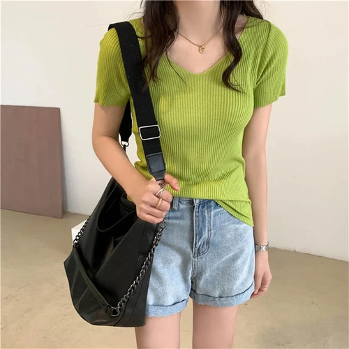 Basic V-neck Solid Thin Summer Pullover Women Female Knitted Ribbed