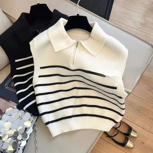 Retro lapel zipper stripe knitted waistcoat women Autumn Winter Korean