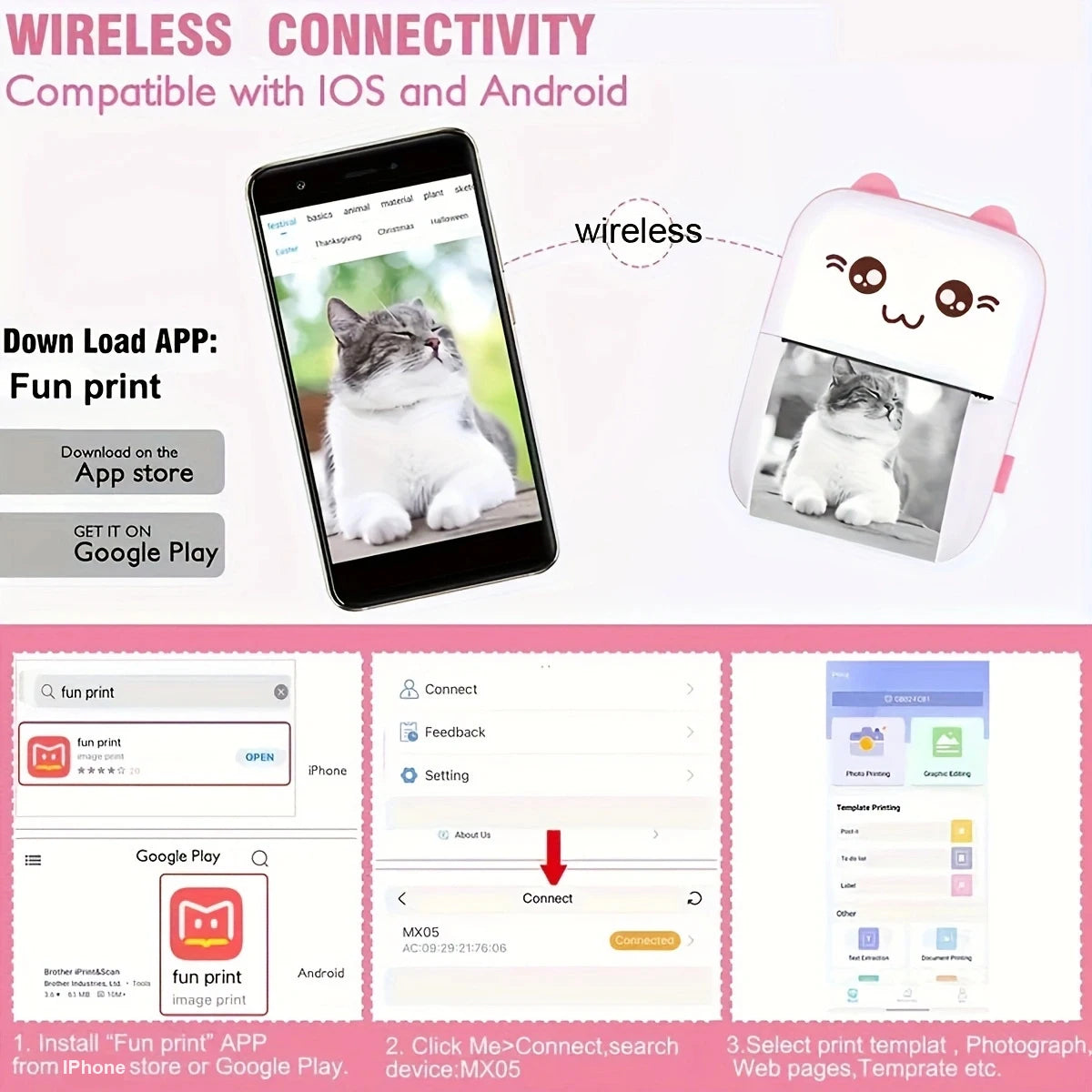 Mini Printer For IPhone And Android, Wireless Mini Photo Printer Label
