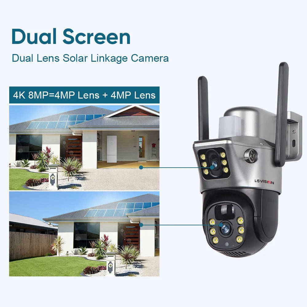 LS VISION 4K Solar Camera 8MP 4G SIM Card Dual Lens Screen Wifi