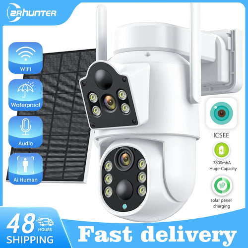 Solar IP Camera WiFi Outdoor Dual Lens PTZ Security Camera 4MP HD
