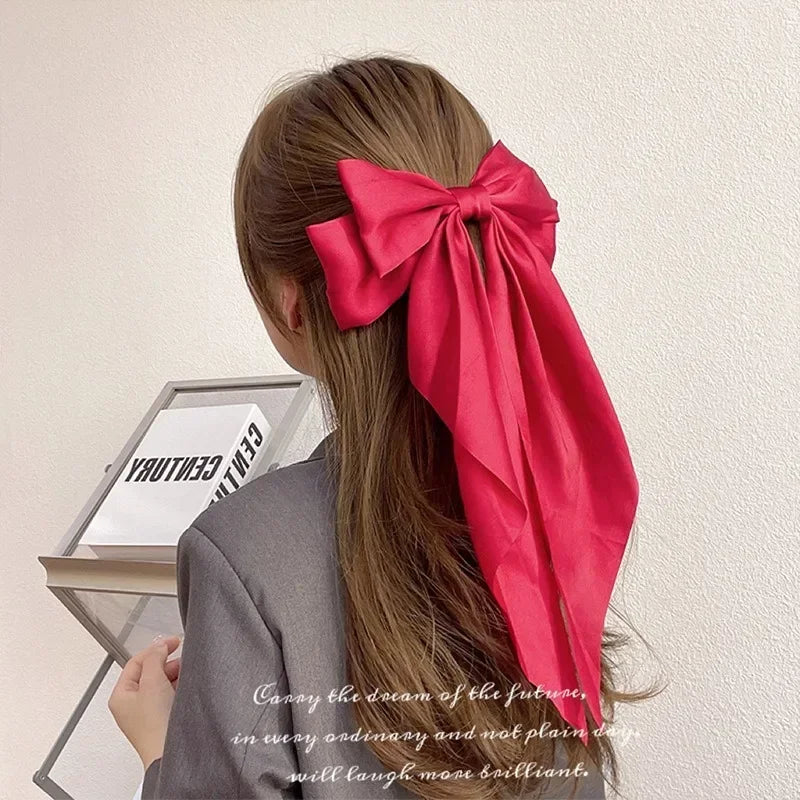 1pcs Solid Color Satin Ribbon Big Bows Hairpin Spring Clips Hair