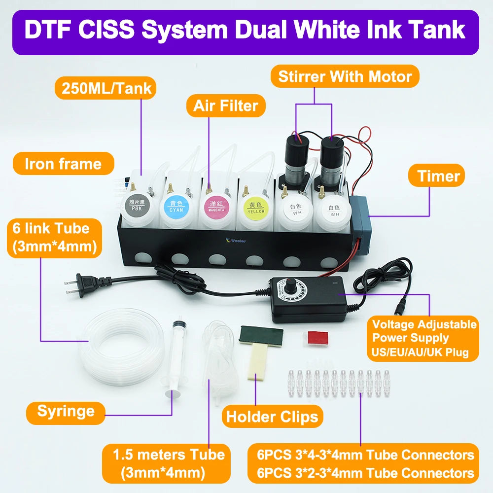DTF CISS Ink System Convert 250ML DIY Kit Dual White Ink Tank Shake