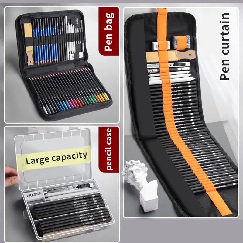 27/38/47pcs Sketch Pencils Set Roll Up Canvas Wrap Sketching Pencil