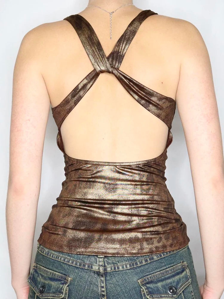 IAMSURE Sexy Slim Backless Bandage Camis Top Vintage Deep V-Neck