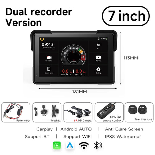 7'' Motorcycle DVR GPS navigator Dash Cam Wireless Carplay Android