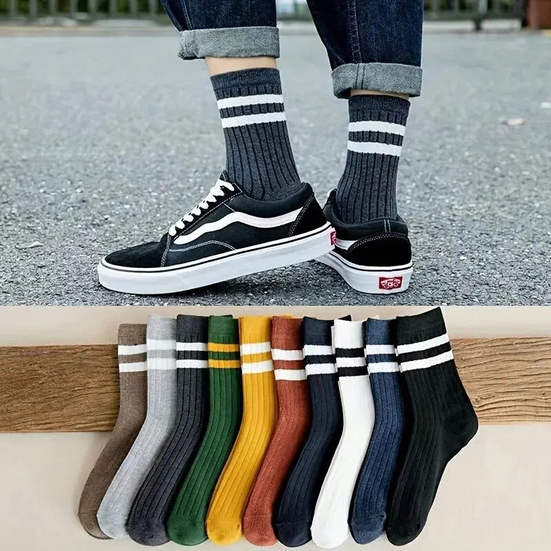 5 Pairs Of Men's Socks, Autumn And Winter Vintage Fun Fashion Athletic
