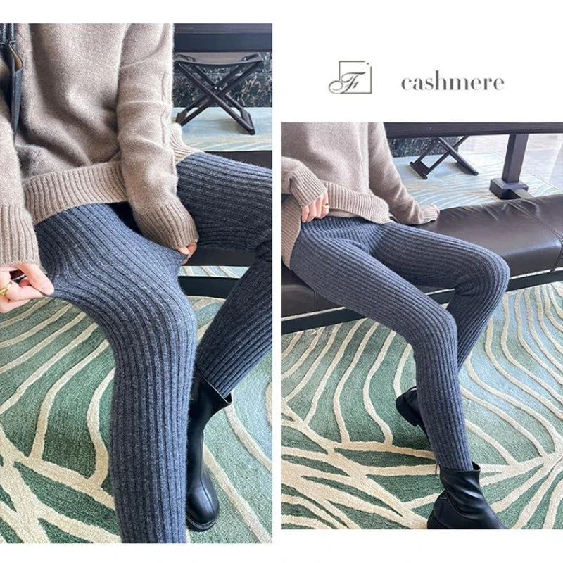 Slim Leggings Autumn Women High Waist Casual Trousers Knitted Ribbed