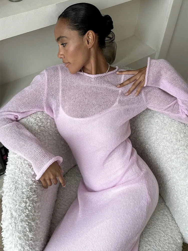 Spring Autumn O-Neck Elastic Knit Long Dresses Women 2024 Elegant Chic