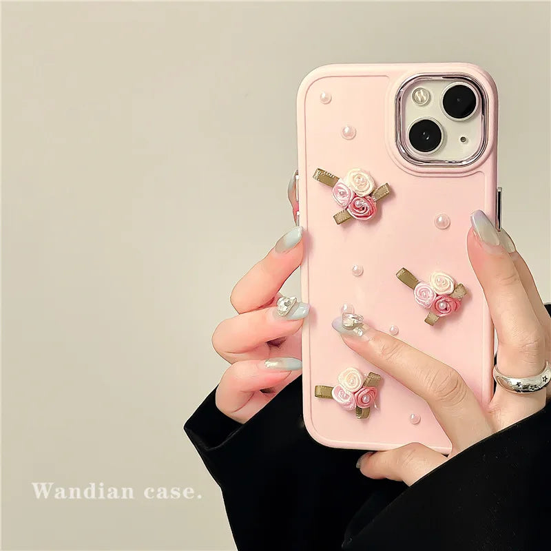 3D Cute Flower Pearl Heart Phone Case for iPhone 16 15 14 13 12 11 Pro
