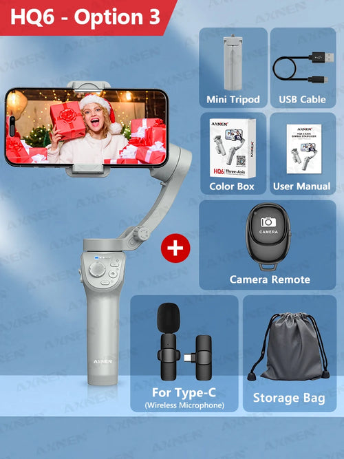 AXNEN HQ6 Gimbal for Smartphone, 3-Axis Handheld Gimbal, with Smart