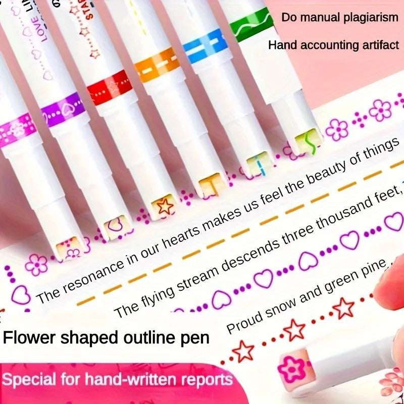 6Pcs/Set Kawaii Flower Line Shape Highlighter Pen Roller Tip Curve