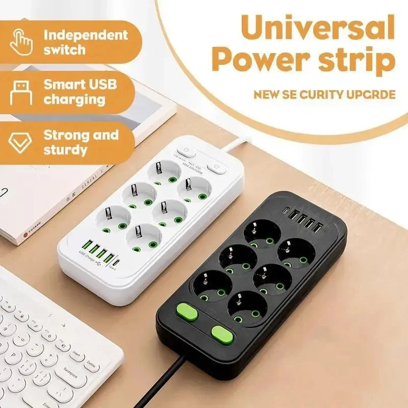 EU Plug AC Outlet Multitap Power Strip 2m Extension Cord Electrical