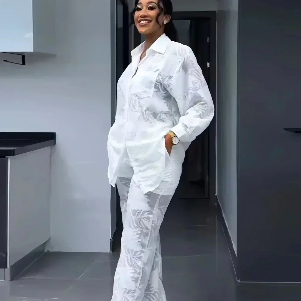 Pant Sets Woman 2 Pieces Suits Female Clothing Casual Shirt Loose Wide