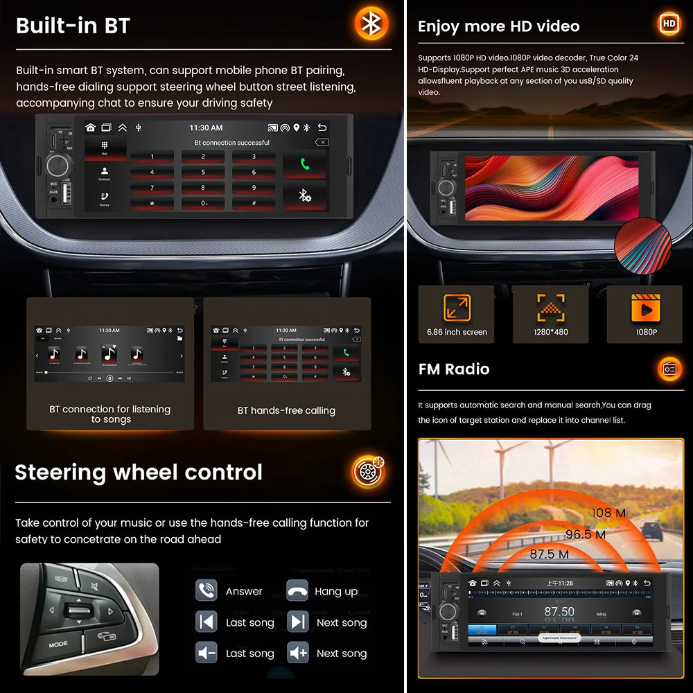Navifly 2G+32G Universal 1 Din Android 6.86 Inch HD Touch Screen