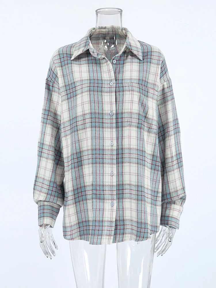 Mumaroho 2024 Women Autumn Winter Long Sleeve Blue Plaid Shirt Vintage