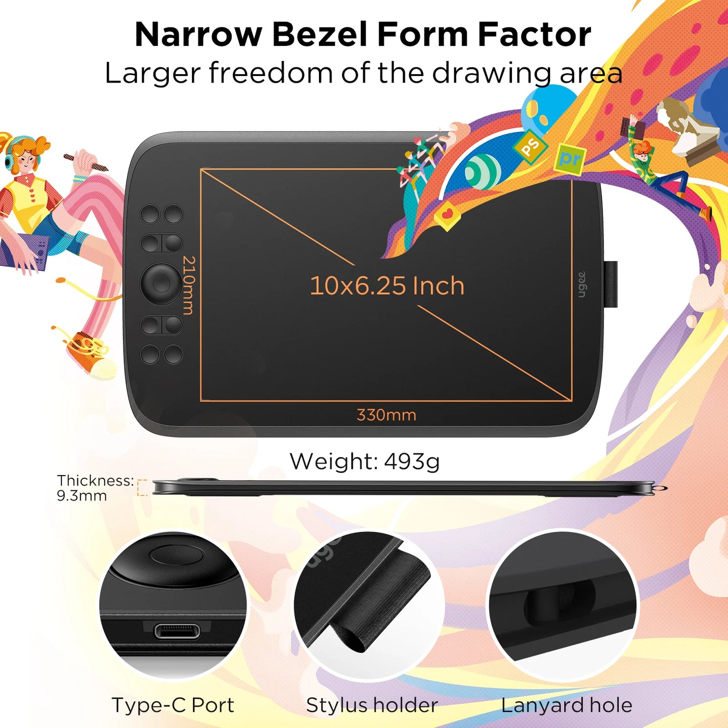 UGEE M908 Graphics Drawing Tablet 10 Inch 8 Hot Keys Scroll Wheel 16K