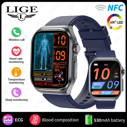 LIGE AMOLED Smart Watch ET585 Men ECG Blood Compositoin Health