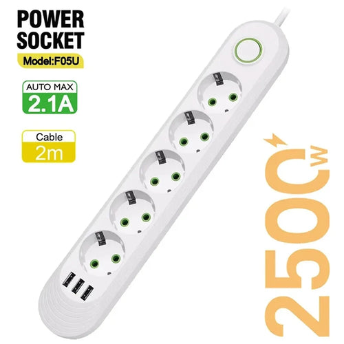 2500W EU Plug AC Outlet Multiprise Power Strip 2M Extension Cord