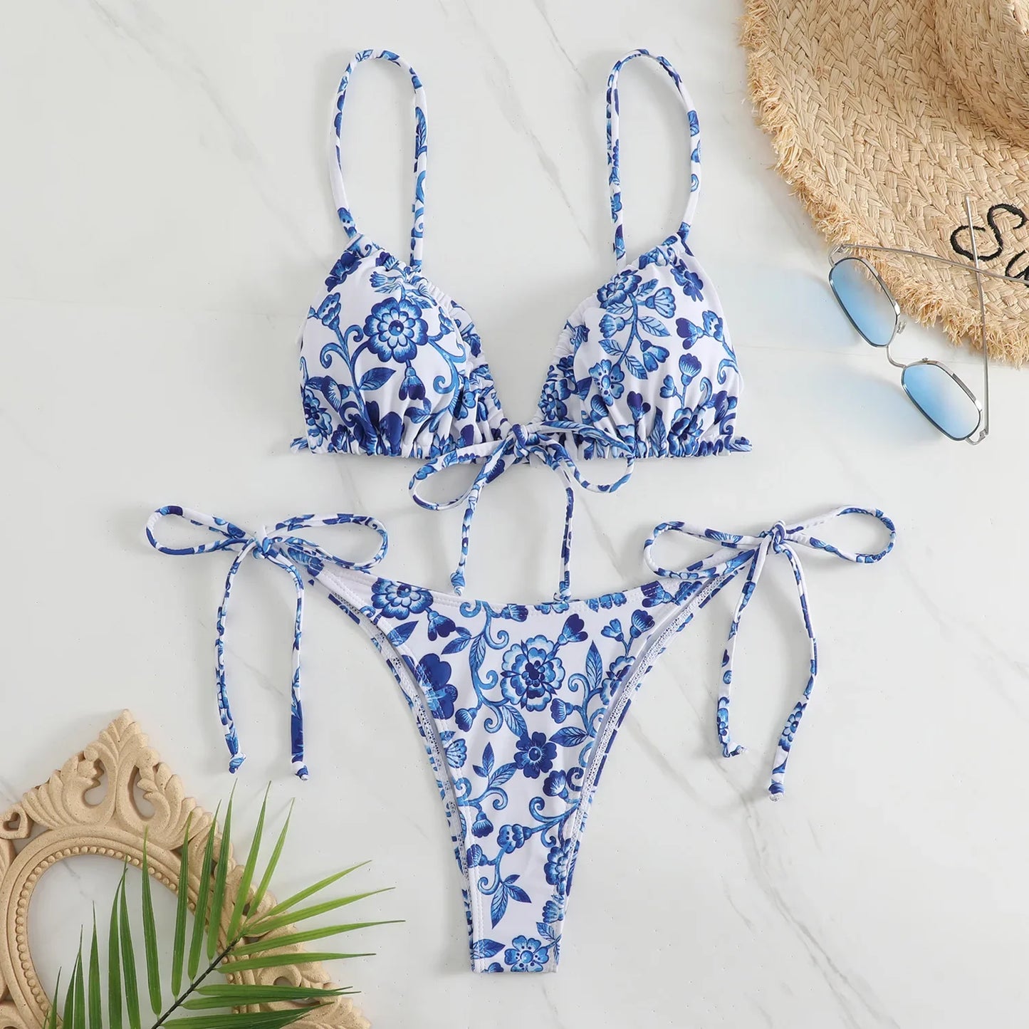 sexy floral print micro bikini blue and white porcelain bikini