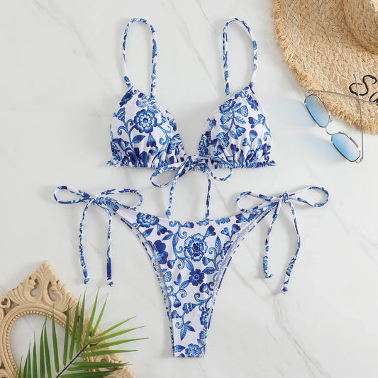 sexy floral print micro bikini blue and white porcelain bikini