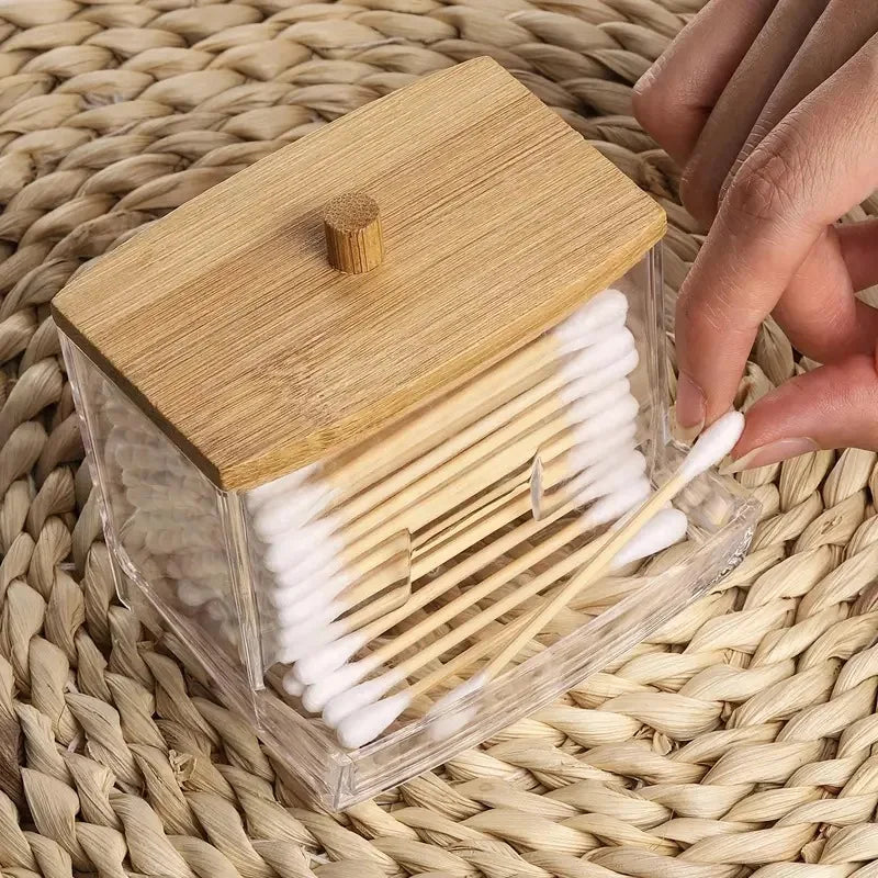Acrylic Cotton Swab Organizer Bamboo Lid Portable Round Container
