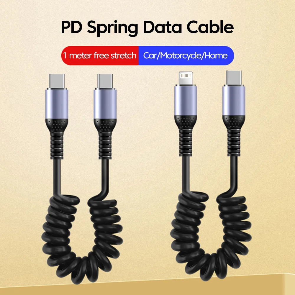 25CM To 1M Car Spring Data Cord 6A Short Fast Charging Wire USB C TO