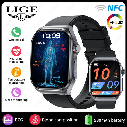LIGE AMOLED Smart Watch ET585 Men ECG Blood Compositoin Health